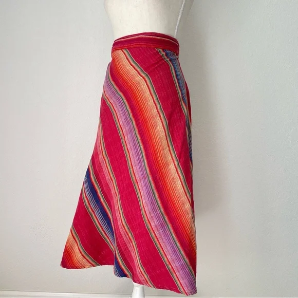 VINTAGE SARAPE COTTON WRAP SKIRT RAINBOW MULTICOLOR STRIPED MIDI - Picture 2 of 13